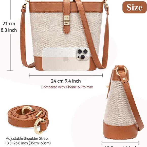 Brown trendy vegan leather small crossbody bucket bag with adjustable strap and - Picture 5 of 6